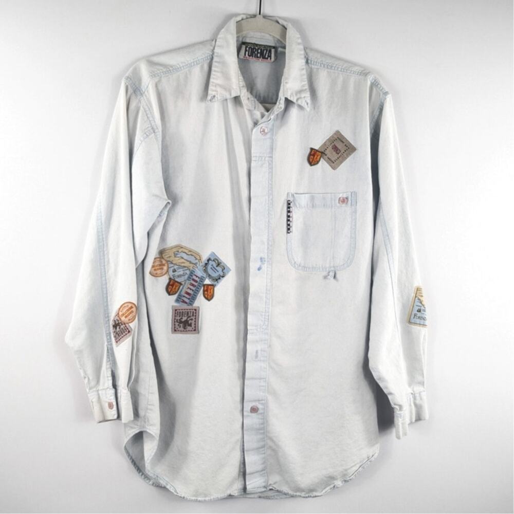 Vintage Forenza Size M Denim Shirt Men Patchwork Light Wash Graphic Logo Badges